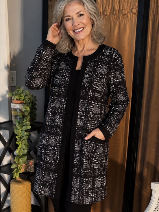 Trisisto Jackets & Blazers - Black and White Patterned Long Blazer Coat